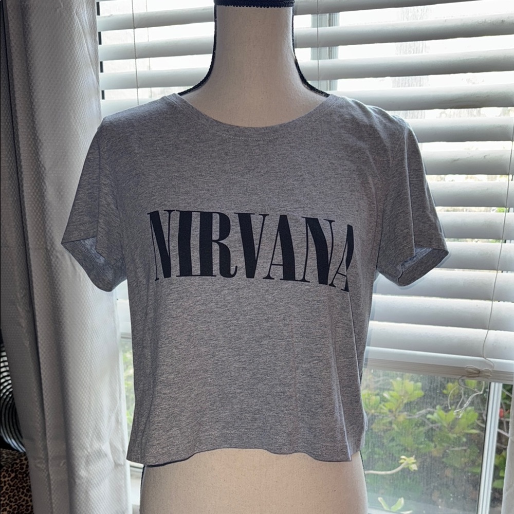 NIRVANA Black and Gray Graphic Crop T-Shirt